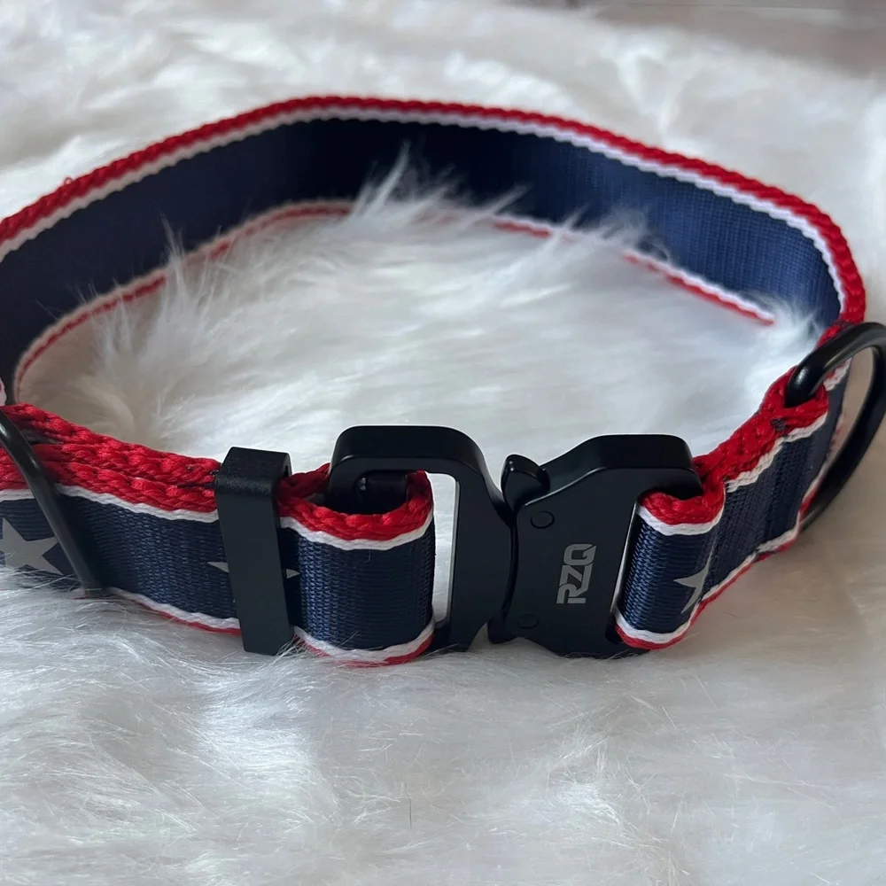 Fourth of July Dog Collar Red, White & Blue with stars, Black Metal Buckle.